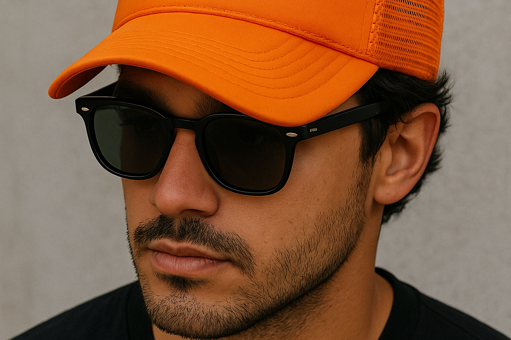 A man wearing an orange cap with "Take It Easy" printed in blue and black sunglasses, against a neutral background.